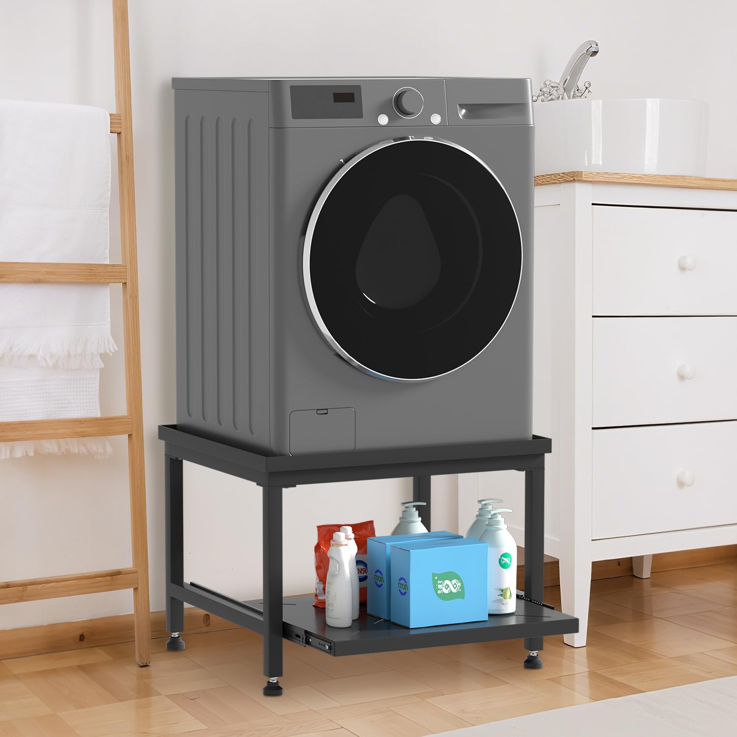 Herrselsam Soporte para lavadora con cajón, 45,5 cm de altura, capacidad de carga de 200 kg, soporte con patas ajustables y almohadillas antivibraciones, pedestal para secadora, frigorífico, lavadora