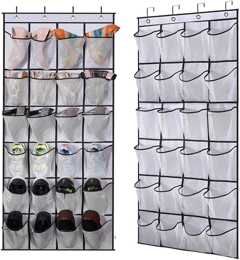 AMERTEER Hanging Shoe Organizer | Door Shoe Organizer | 24 Large Mesh Pockets Shoe Rack For Door | White Transparent Space Saving Shoe Organizer Door Hanger | Hanging Shoe Rack For Closet