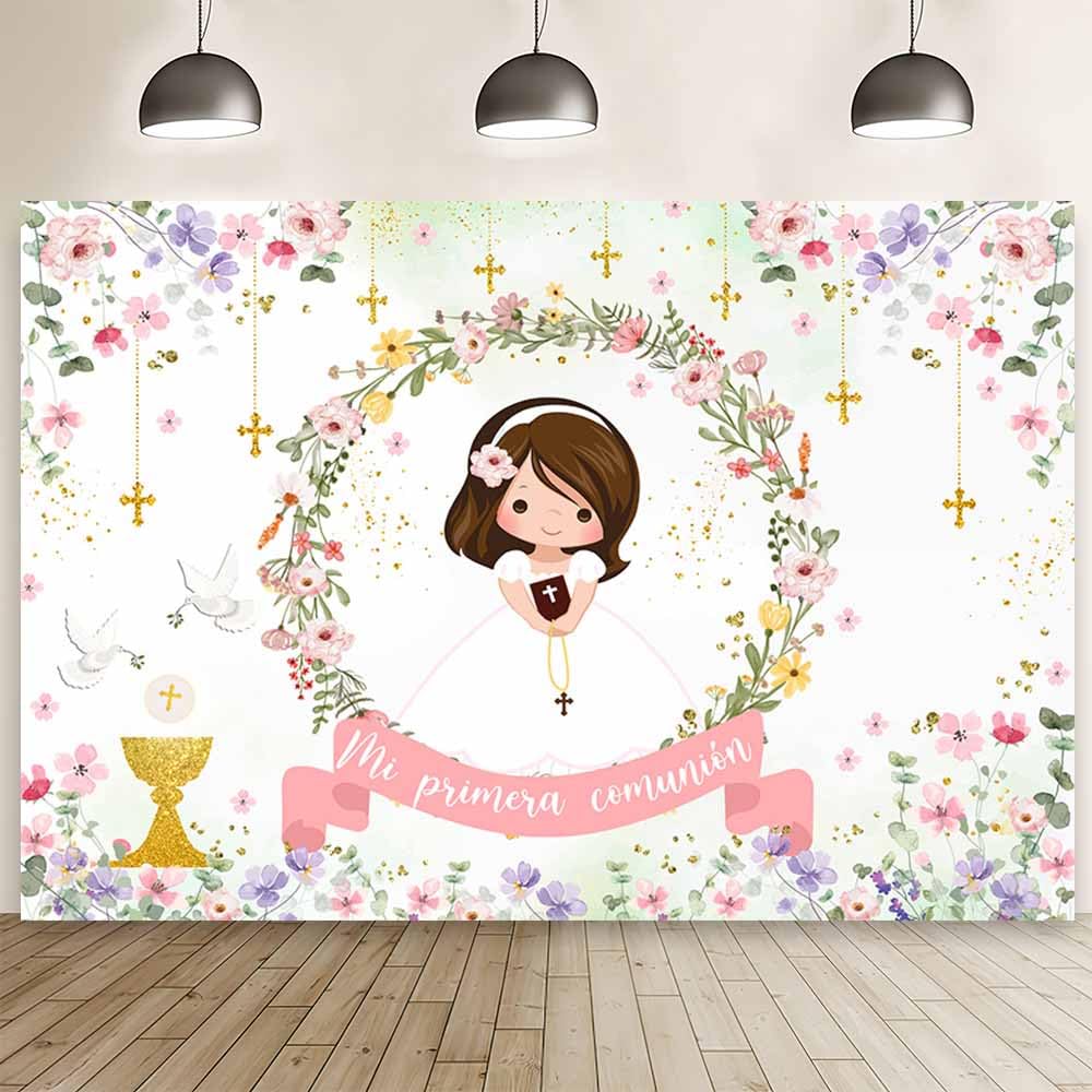 MEHOFOND 8x6ft First Holy Communion Backdrop For Girl White And Elegant Floral Photography Background Mi Primera ComunióN Party Decorations Flower Garland Dove Bible God Bless Party Photo Props