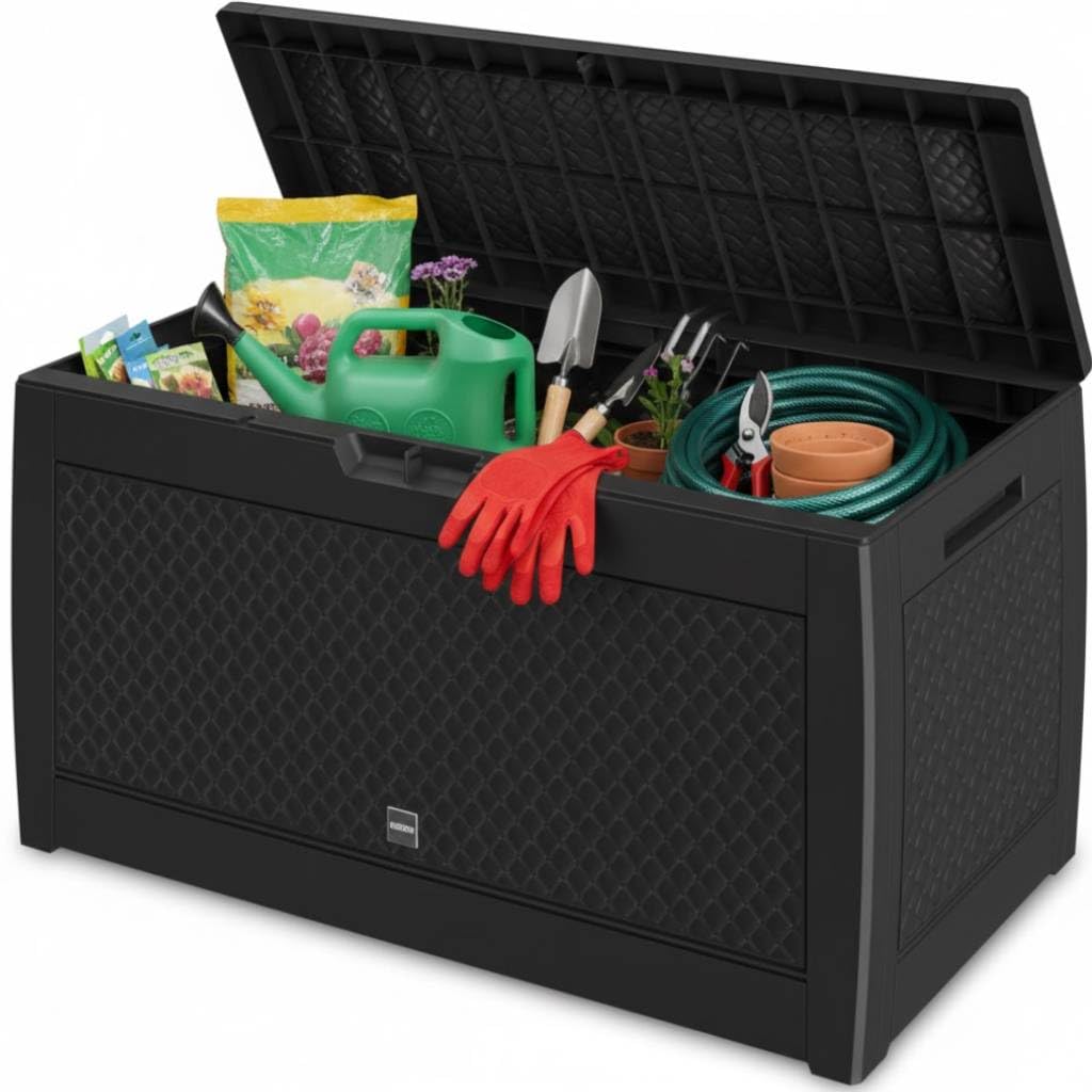 CASARIA® 310L Waterproof Garden Storage Box | Plastic Storage Box with Lid | Storage Boxes with Lids | Deck Box Lockable Storage Boxes | Weather Resistant | 119x48x60cm | Woven Effect | Anthracite