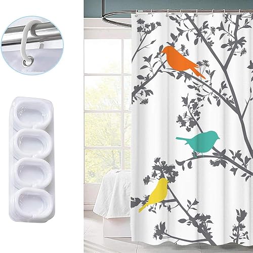 Miniatura 5 de KREATIVE ARTS Cortina de ducha de tela con ramas de árbol y pájaros grises, imagen de la naturaleza para niños, juego de decoración de baño con