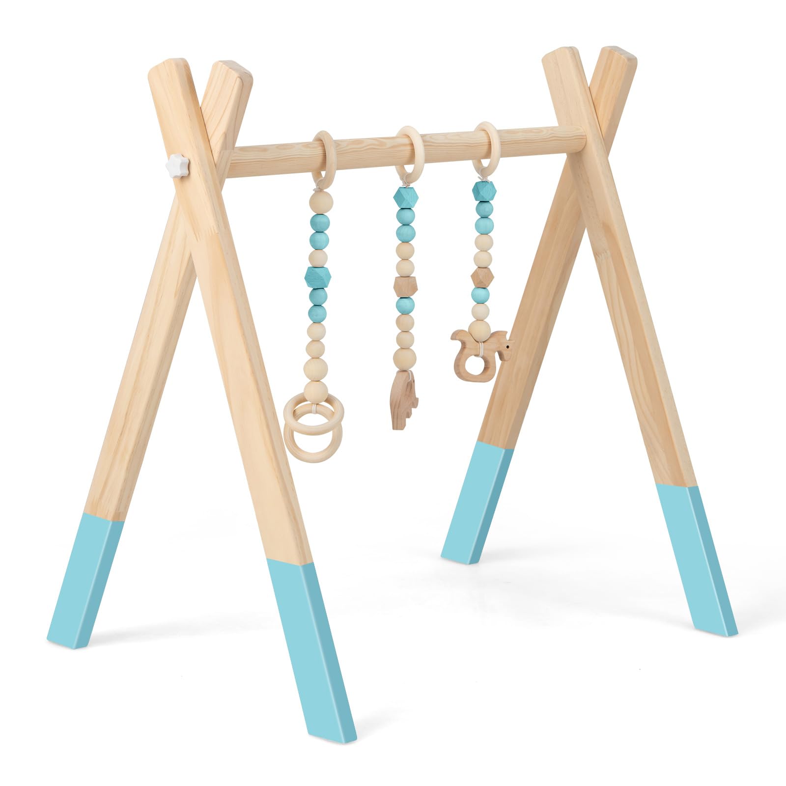 DREAMADE Portique d’Éveil avec Jeux Suspendus en Bois, Arche de Jeux Pliable avec Structure Triangulaire, Arche d'Activité pour Bébé Plus de 3 Mois (Vert+Bois)