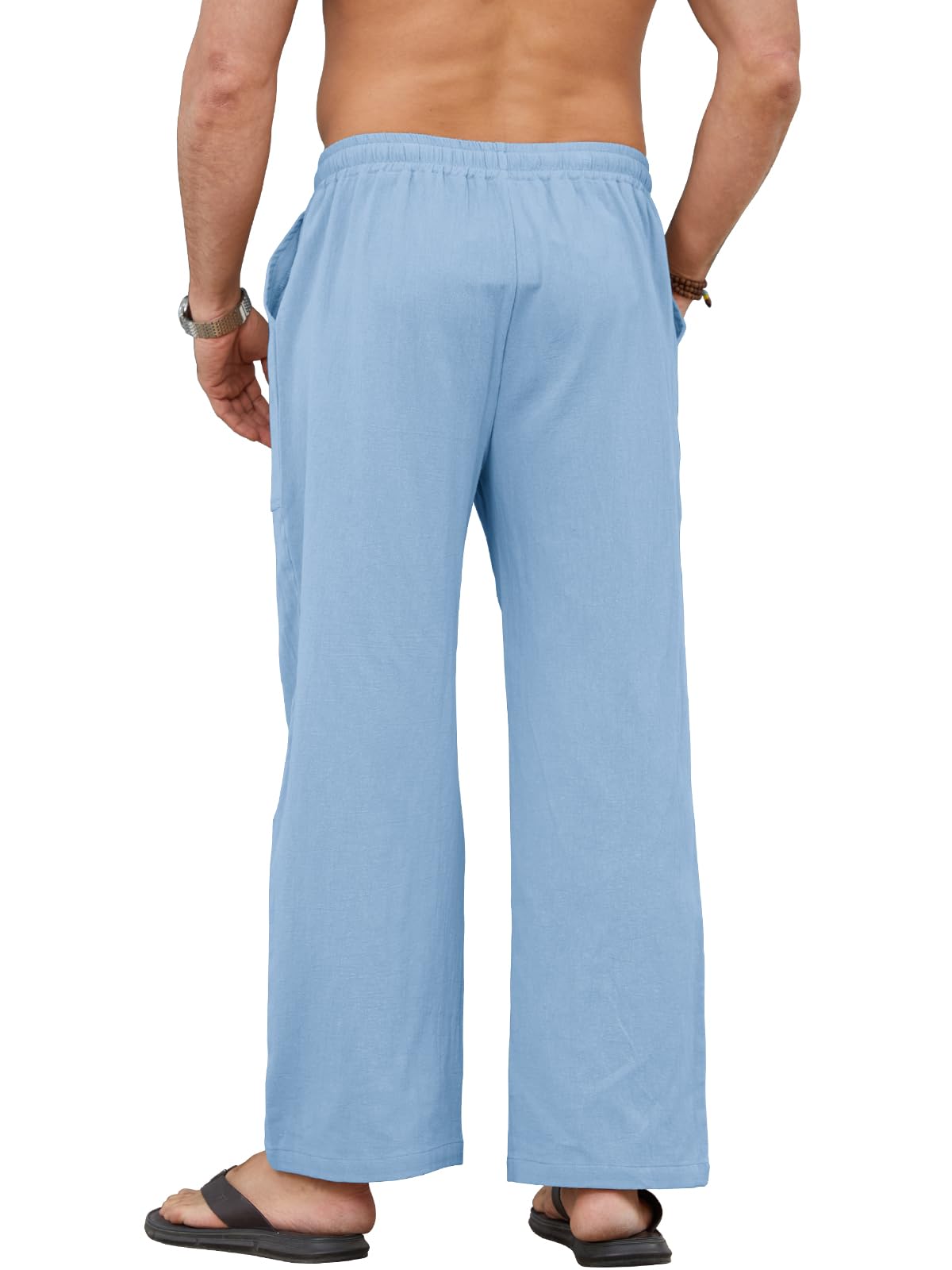 Pantalón Lino Hombre Verano de Mezcla Algodón y Lino Ligero Transpirable con Cintura Elástica Cordon y Bolsillos Pantalones de Lino Hombre Corte Largo