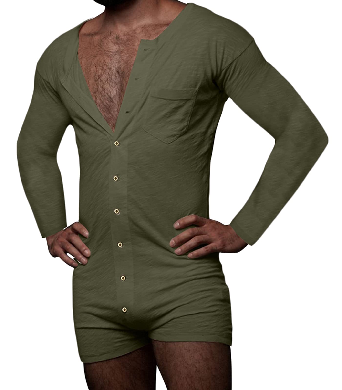 KEOYAMen One Piece Shorts Jumpsuit Pajama Long Sleeve Snap Down Crotch Bodysuit Rompers