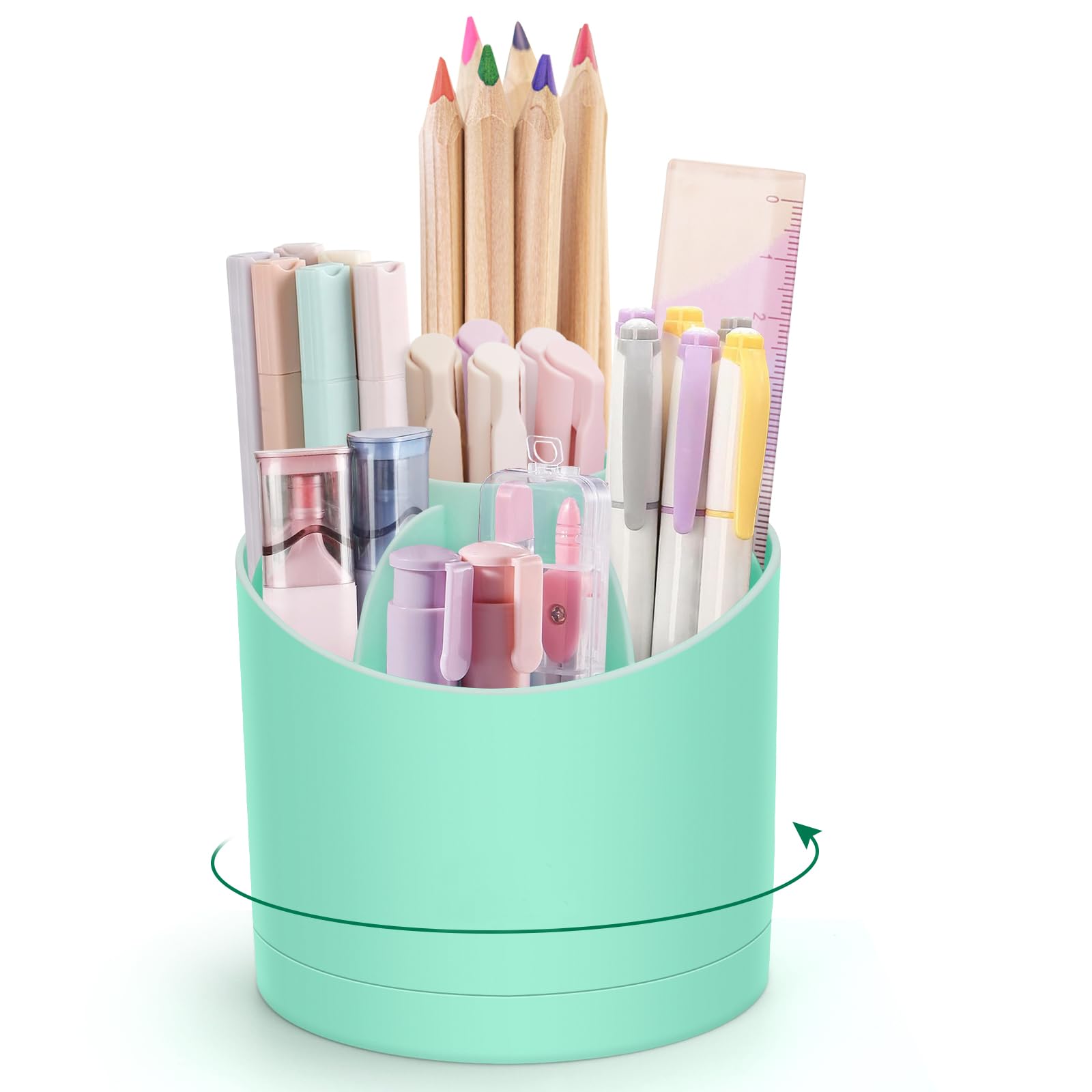 minimaliving Desk Organiser,360 Degree Rotating Pen Holder for Desk,Nordic Style Pencil Pot Cup,Modern Office Desk Accessories with 7 Slots Caddy for Desktop,School,Home,Cosmetics(Green)