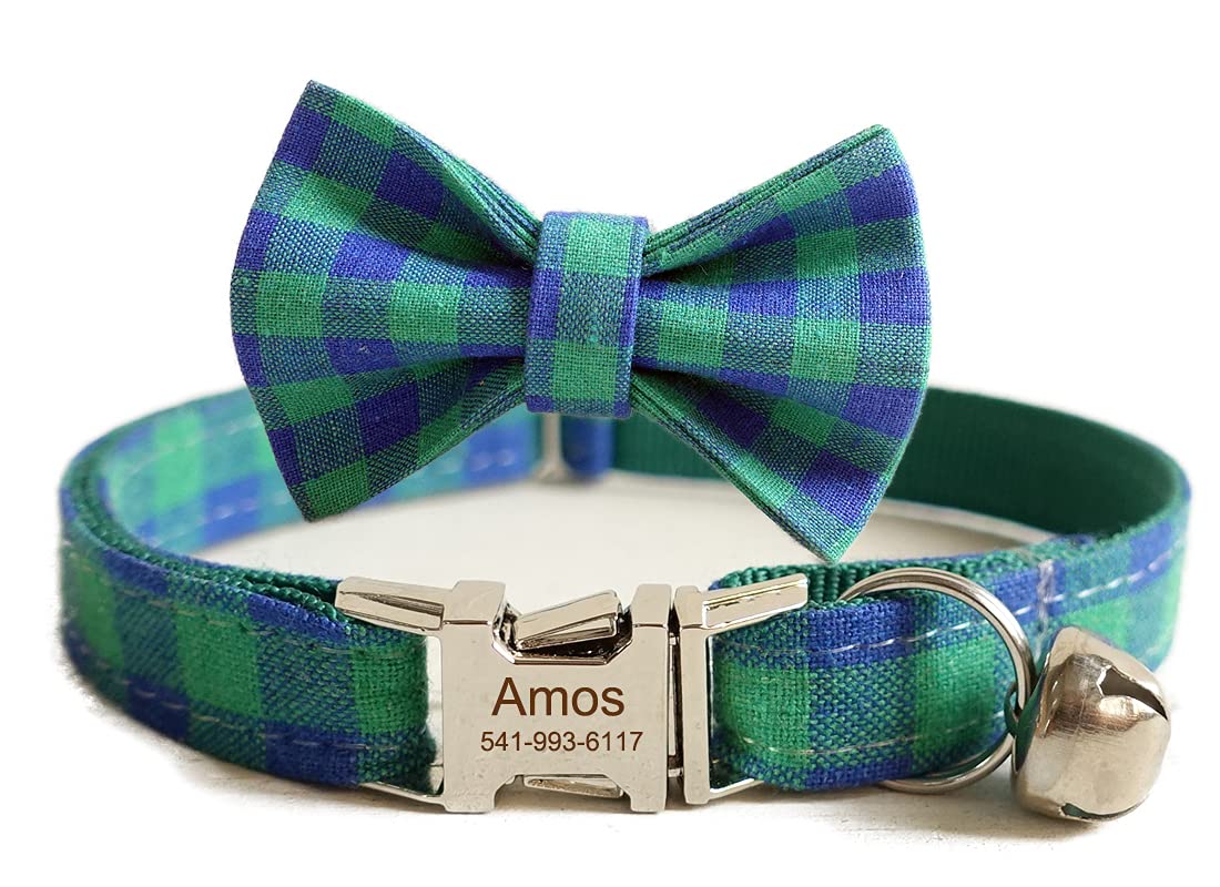 Personalized Kitten Collar with Bell Bowtie, Customized Engraved Small Puppy Cat Name and Phone Number (L, Blue Green)