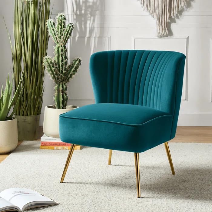 The Sofa Studio - Modern Upholstered Accent Velvet Chair Single Seater Channel Tufted Wing Back Chair with Golden Matel Legs for Living Room, Bedroom, Dining Room (Teal)-image-12