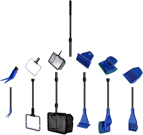 Aquarium Cleaning Tool Set, Fish Tank Cleaning 6-in-1 Set with Nets, Sponge Brush, Plant Fork, Scraper, Rake