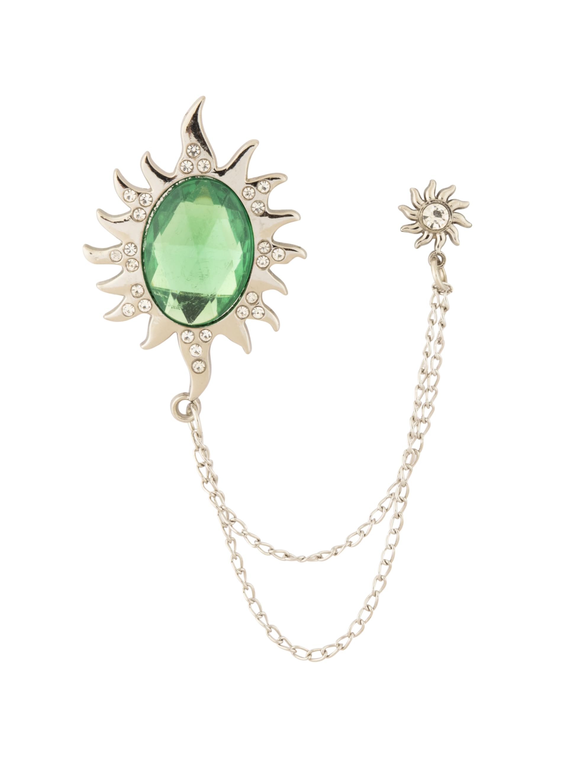 Knighthood Silver Studded Sun Brooch with Green Stone and Hanging Chains Lapel Pin for Men - Elegant Suit Accessory