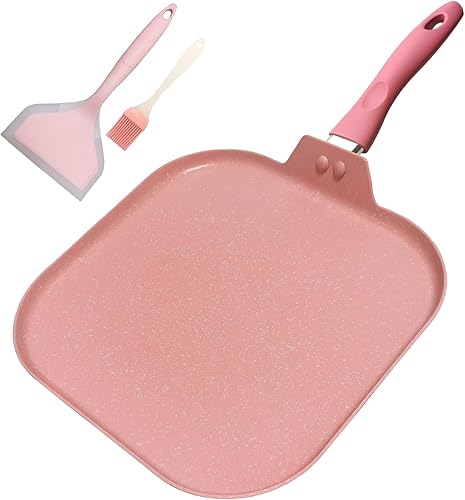 Paweiya Sartén cuadrada para estufa antiadherente, sartén plana con espátula y cepillo, 11 x 11 pulgadas, color rosa