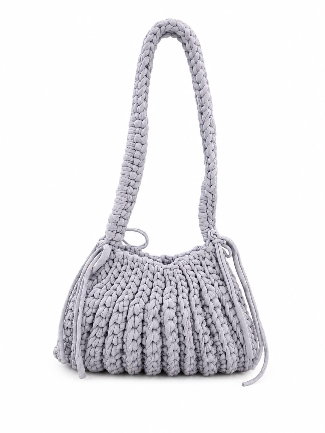 Handcrafted Crochet Shoulder Bag, 9x6 Inch, Light Grey-picture-17