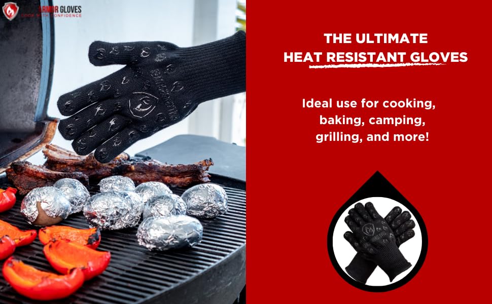 Image of Grill Armor Oven Gloves with Fingers - Extra Long Cuff, 932F Heat, Fire & Cut Resistant Mitts for BBQ, Grill, Cooking, Grilling, Baking & Smoker