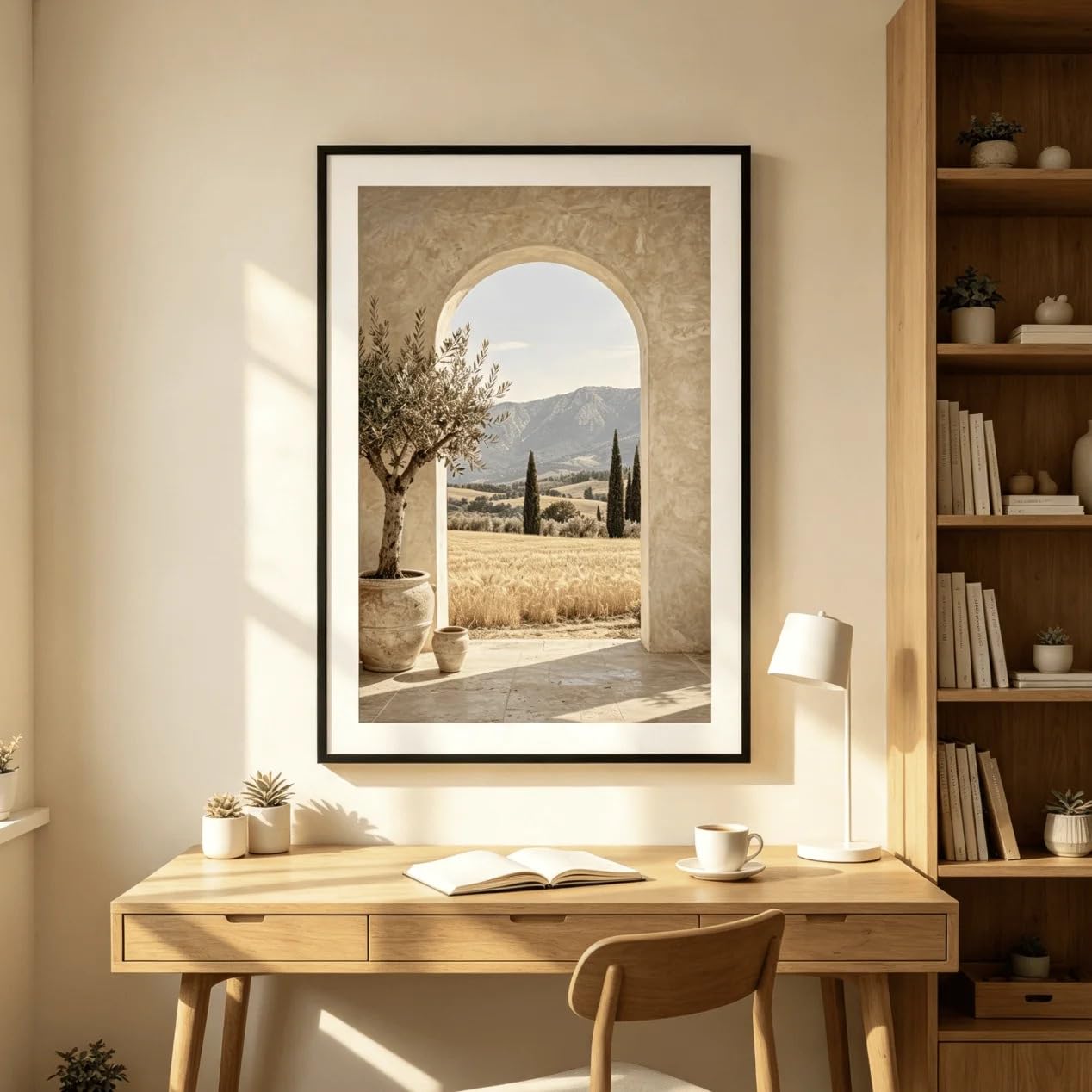 Dittelle Leinwanddruck „Toskanischer Bogen, Olivenbaum, Weizenfeld“, neutrales rustikales italienisches Landschaftsmotiv aus Zypressen, Wandbild für das Wohnzimmer (30 x 40 cm/Innenrahmen)