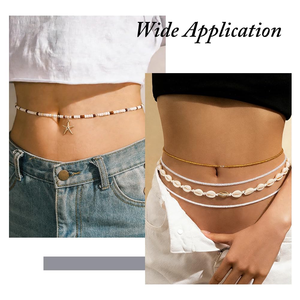 SUPERFINDINGS 12 unidades de perlas de cristal de 2 colores cadena de cintura con capas para cinturón abdominal cadenas multicapa ajustable bikini playa estrella de mar encanto cinturón Boho perlas