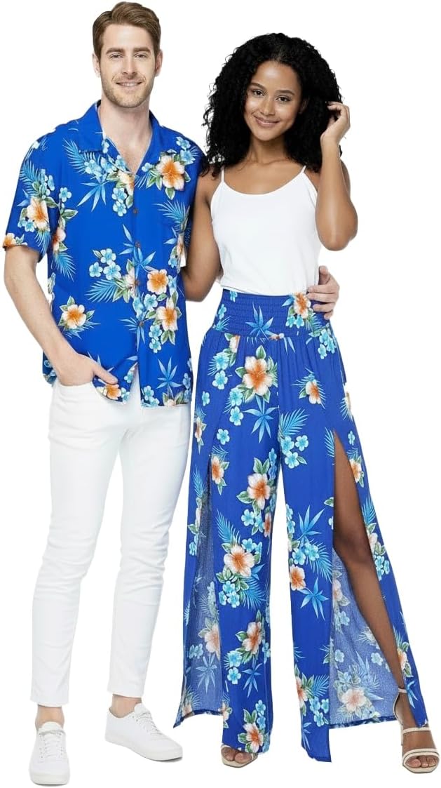 Matchable Couple Hawaiian Luau Shirt or Wide Legged Pants in Pacific Palm Navy