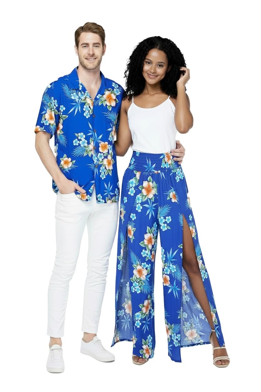 Matchable Couple Hawaiian Luau Shirt or Wide Legged Pants in Pacific Palm Navy