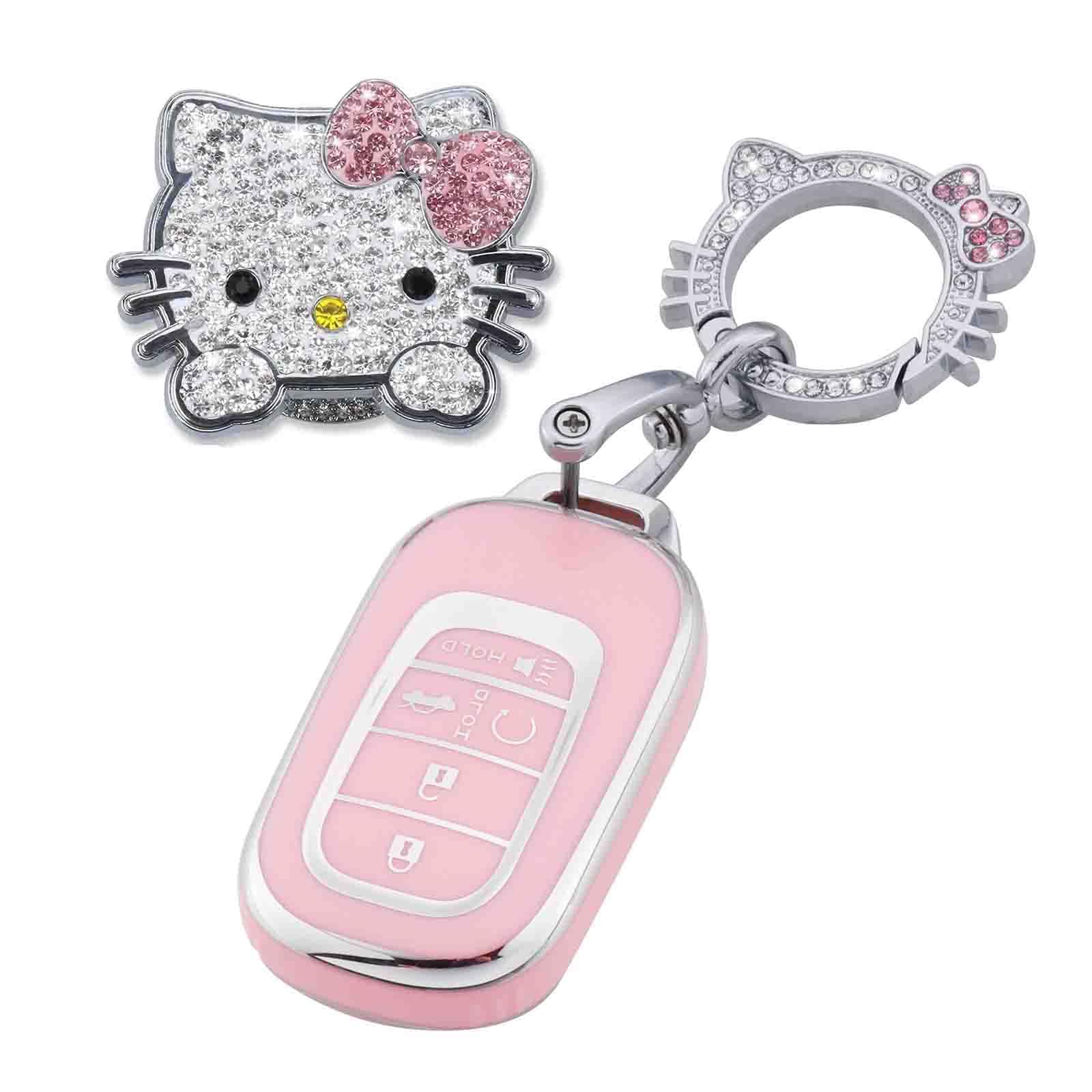 Pangpai Pink Car Accessories 3 Pcs for 2022 Honda Accord Civic CRV Pilot Odyssey 11th Gen Key Fob Cover with Bling Keychain Cute Push to Start Button