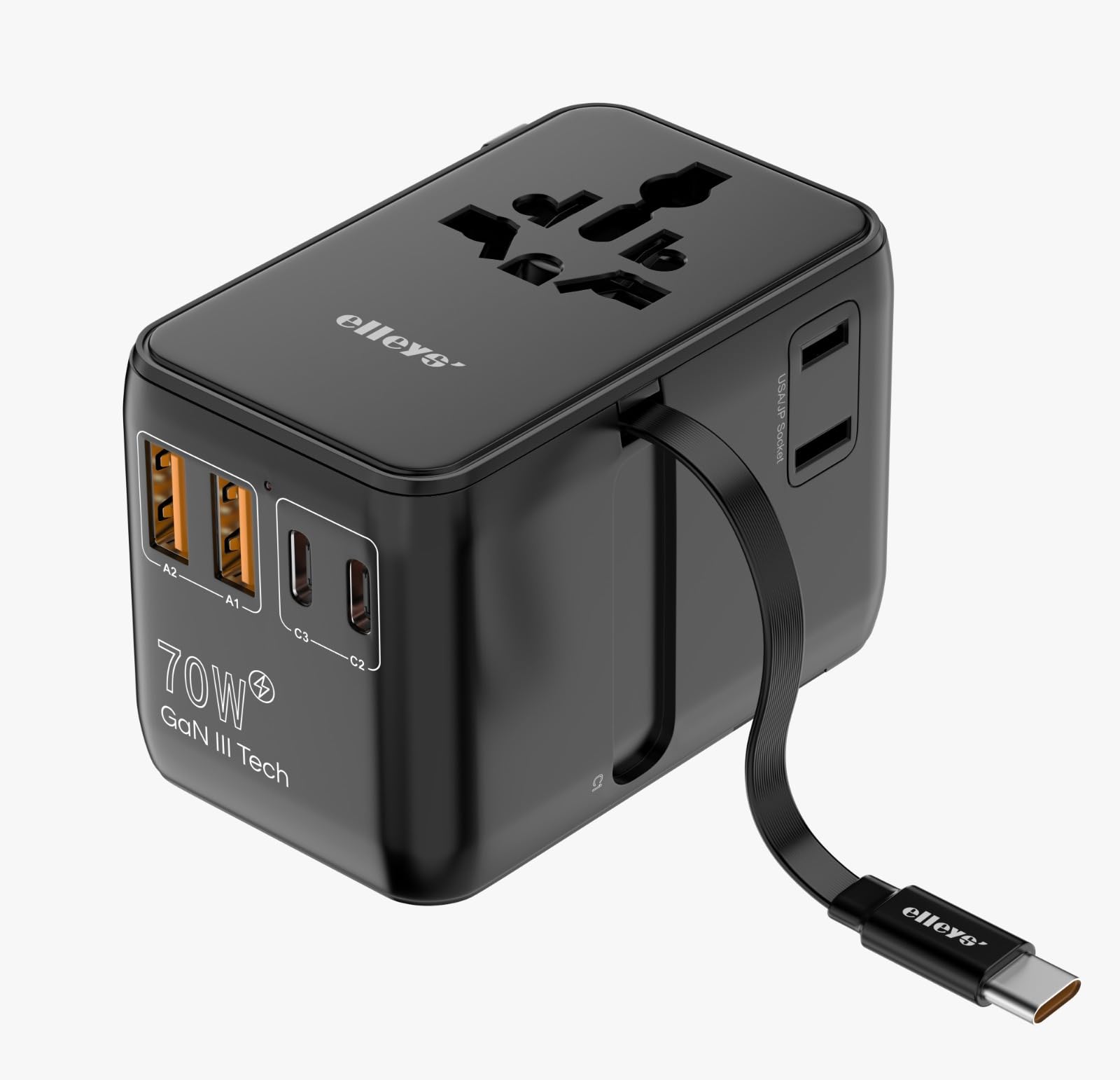elleys' Elleys 70W Travel Adapter with Retractable Cable | Universal Travel Adapter | Dual USB Ports, Multi-Plug Charger with GaN Fast Charging | Worldwide Compatibility for US, UK, Canada, Europe (1Pcs)-picture-16