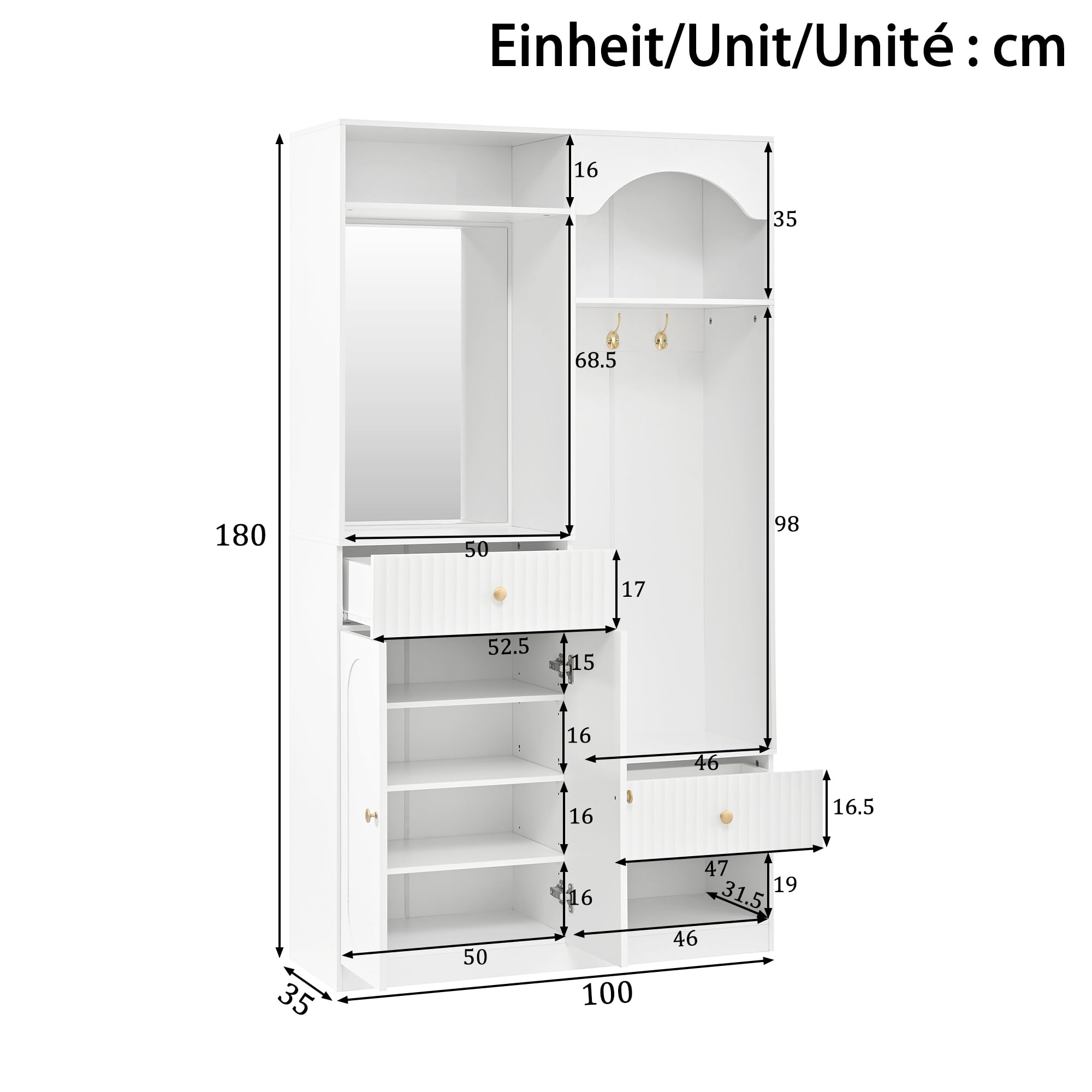 Perchero compacto con espejo, banco y zapatero, con gancho, juego de muebles de pasillo, color blanco