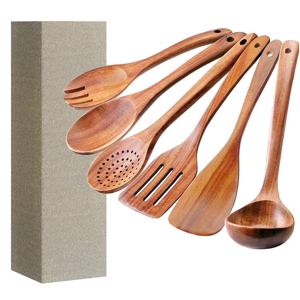 Kochlöffel-Set Aus Holz, Kleines Küchenhelfer-Set Aus Holz, Langer Holzspatel, Ungiftige Holzlöffel, Spülmaschinenfester Holzspatel Aus Teakholz, Langer Griff Aus Teakholz