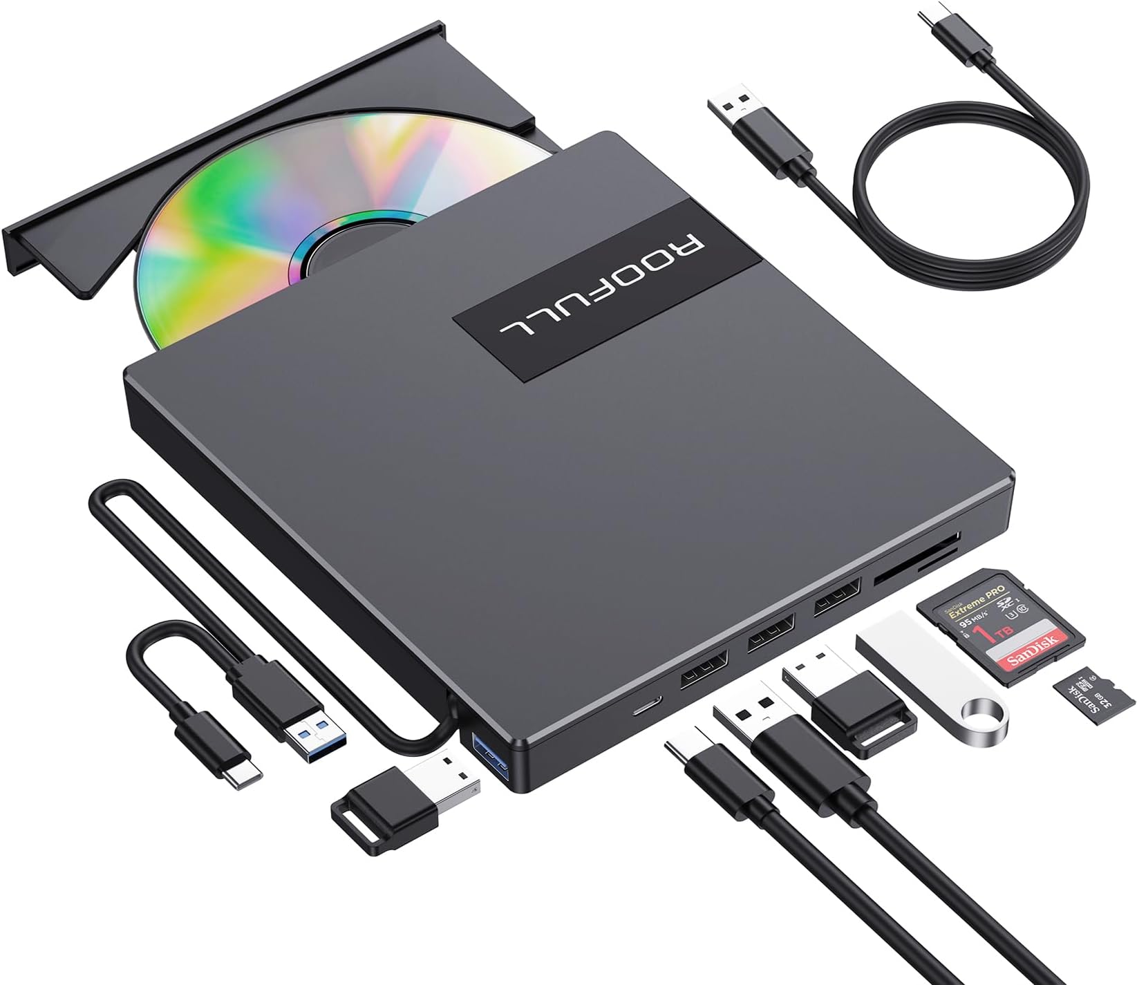 ROOFULL External CD DVD Drive USB 3.0 USBC with 4*USB