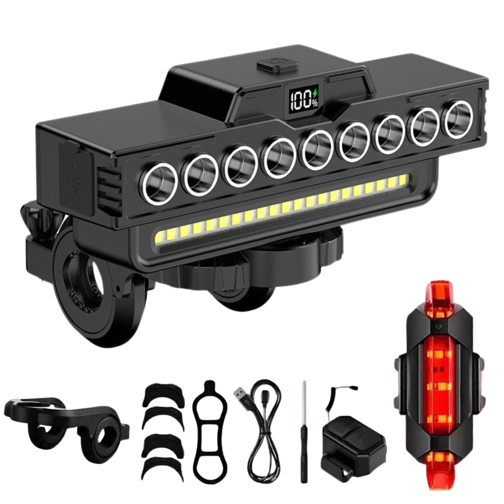 Bike Headlight with 120dB Electric Horn, 9 LED Super Bright Bicycle Light Bar, Bike Lights Front and Back Rechargeable, 7 Lighting Modes USB Rechargeable IPX5 Waterproof Front Light (056 Taillights)