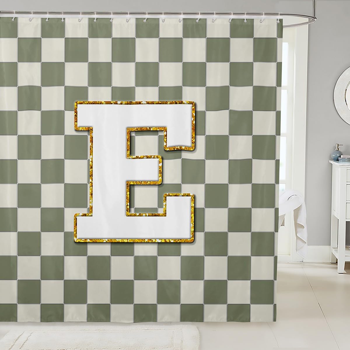 Erosebridal Sage Green Checkered Bathroom Curtain Plaid Initial E Shower Curtain 72" Wx84 L Personalized Monogram Bathroom Accessories for Kids Adults,Fashion Grids Gingham Shower Decor