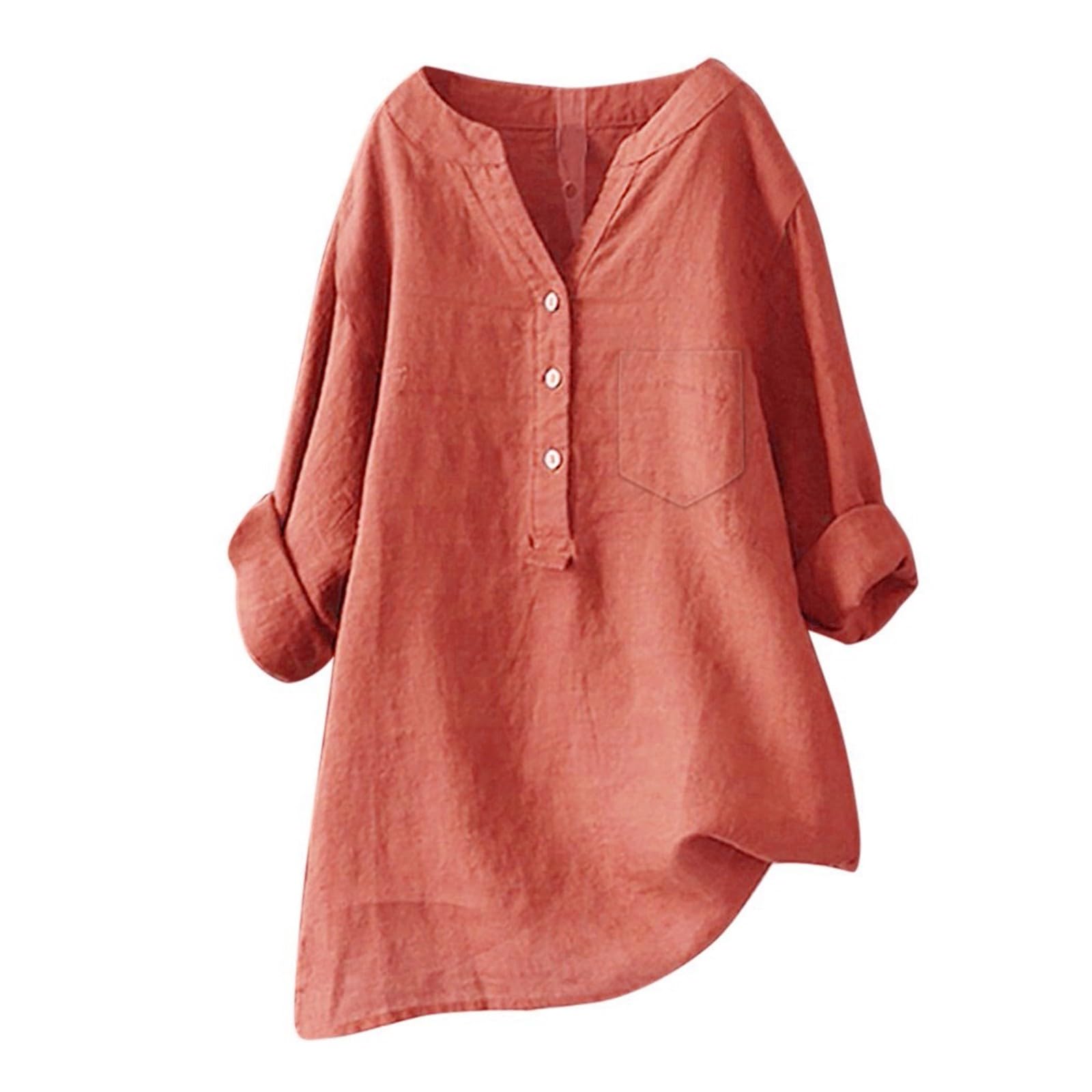 Linen Shirts for Women 2025 Buttons V Neck Cloths Long Sleeve Pockets Tshirt Trendy Dressy Blouses Casual Tunic Tops