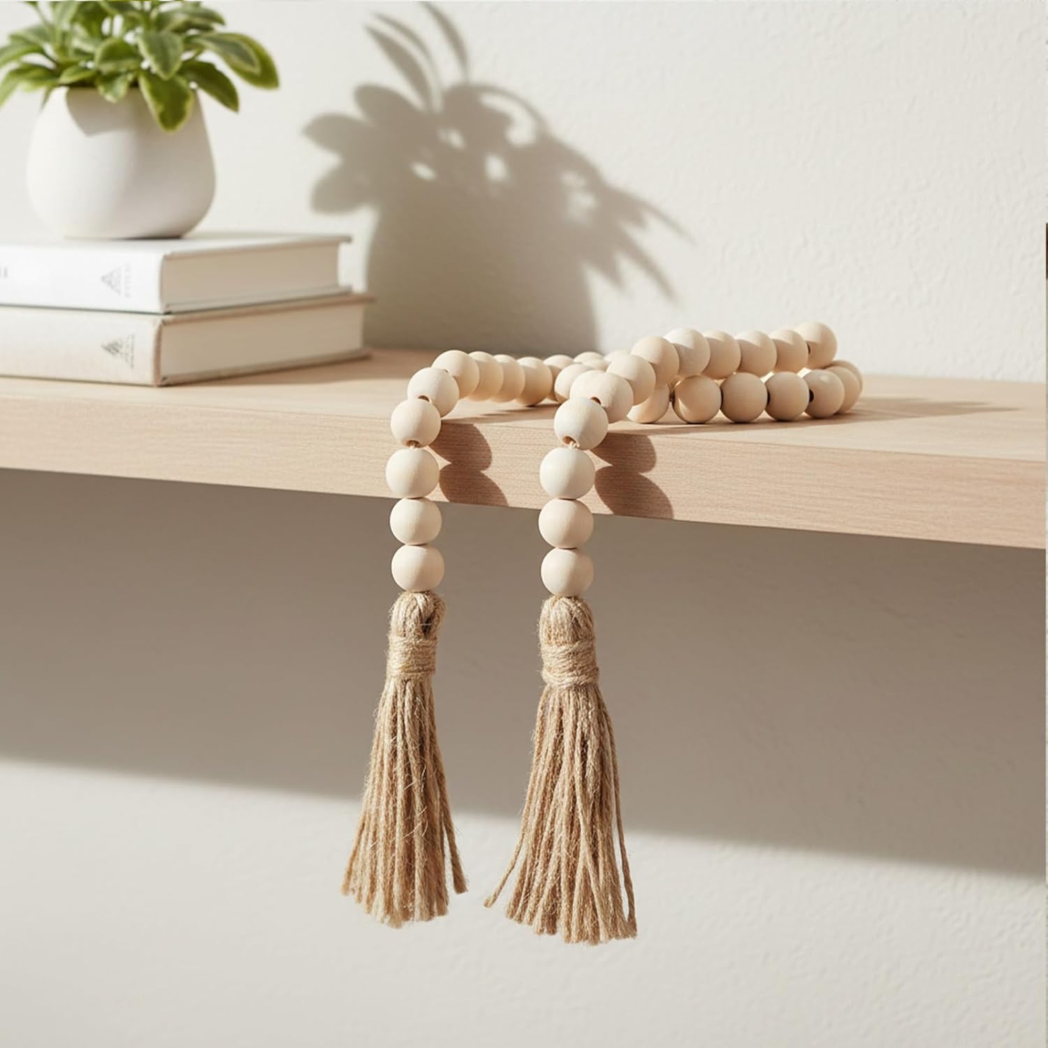 Decorative Beads Home Decor Boho Wood Garland with Tassels Farmhouse Wall Hanging Decorations Natural Wooden Tassel Decorative Room Hanging for Coffee Table Christmas and Prayer(Wood Color, 50inch)