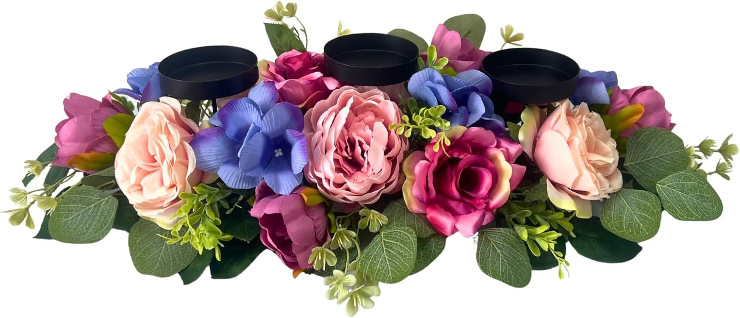 Svndlyn 25 Inch Artificial Floral Centerpiece with 3 Candle Holders Peony & Rose Arrangement for Dining Room Table Pink Purple & Blue Spring Decor (Fits 3" Candles, Candles Not Included)