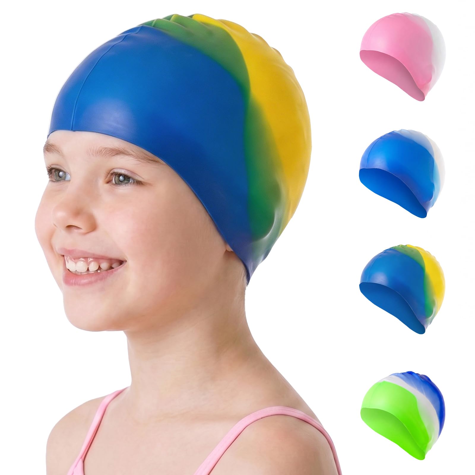 OSDUE Silicone Swimming Caps for Kids, Swim Hats for Boys Girls 4–12 Years, Anti-Slip, Stretchable, Waterproof No Pull Hairs Swimming Hat Swim Cap for Long and Short Hair