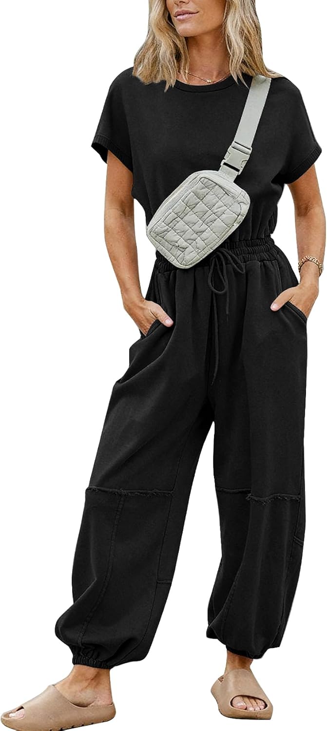 Flygo One Piece Jumpsuits for Women Crewneck Short Sleeve Casual Wide Leg Long Pants Drawstring Rompers Outfits with Pockets