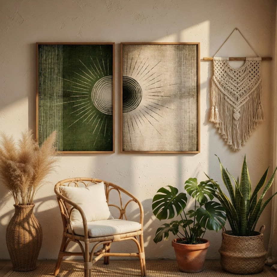 Image of Livin'luxe Modern Sunburst Abstract Wall Painting Set of 2 with Wooden Frames | Minimalist Geometric Line Art HD Sparkle Laminated MDF Wall Decor | Contemporary Wall Art for Living Room Bedroom