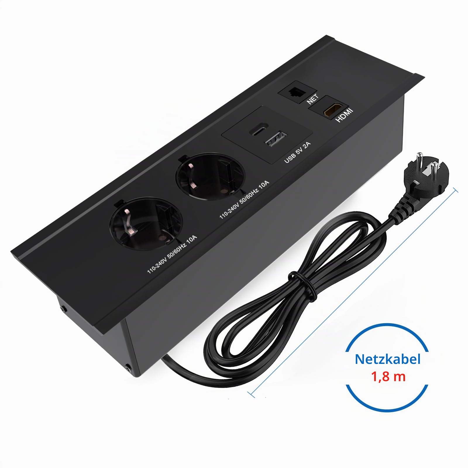 Tischsteckdose,Unterputz-Steckdose mit 2 Steckdosen+USB+Type C PD20W + HDMI TD Netzwerkschnittstelle,Aluminium Tischplatte Schiebedeckel Versenkte Steckdose Schwarz,1.8M Kabel