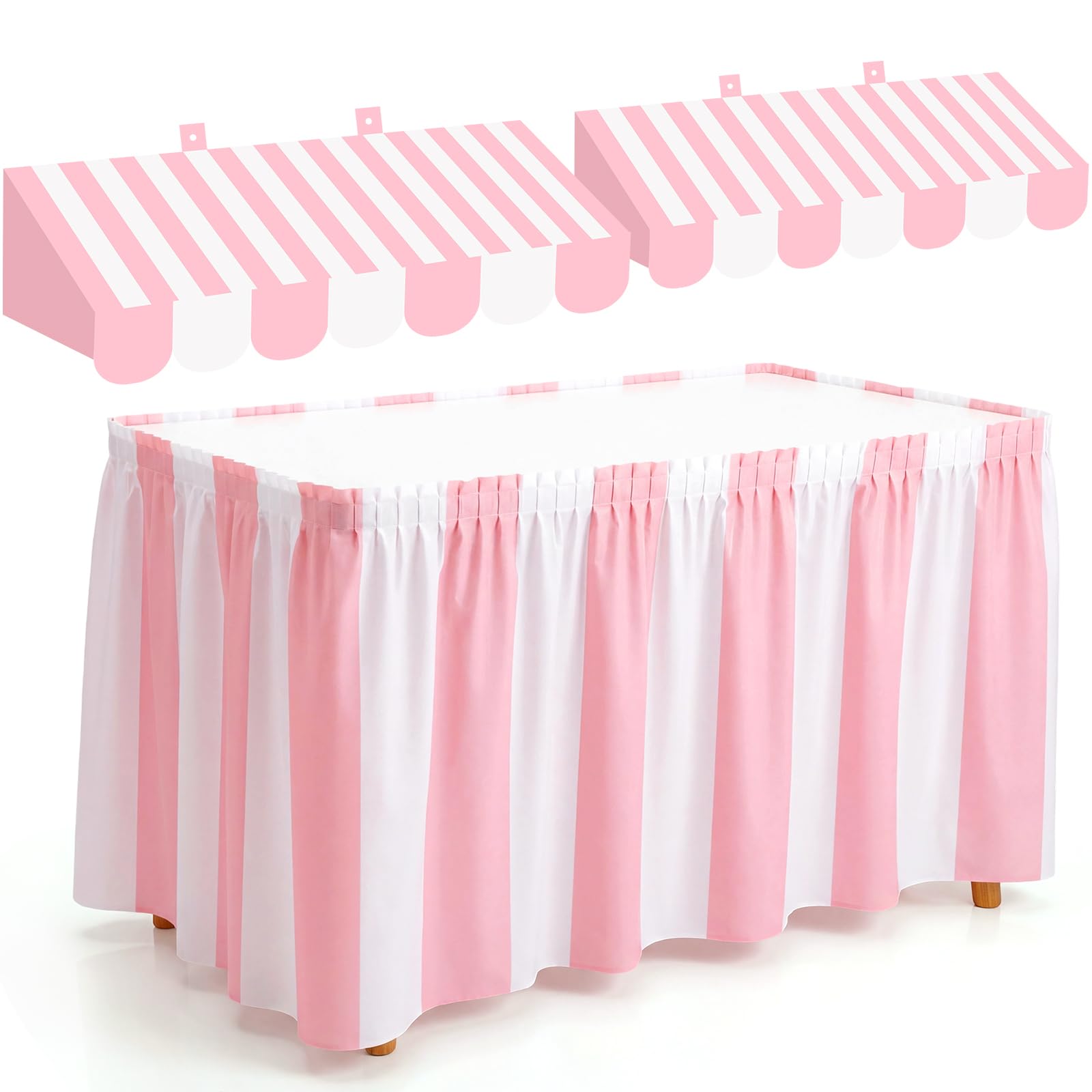 Tallew 3 Pcs Circus Awning 3D Cardboard Stripe Table Skirt, Pink White
