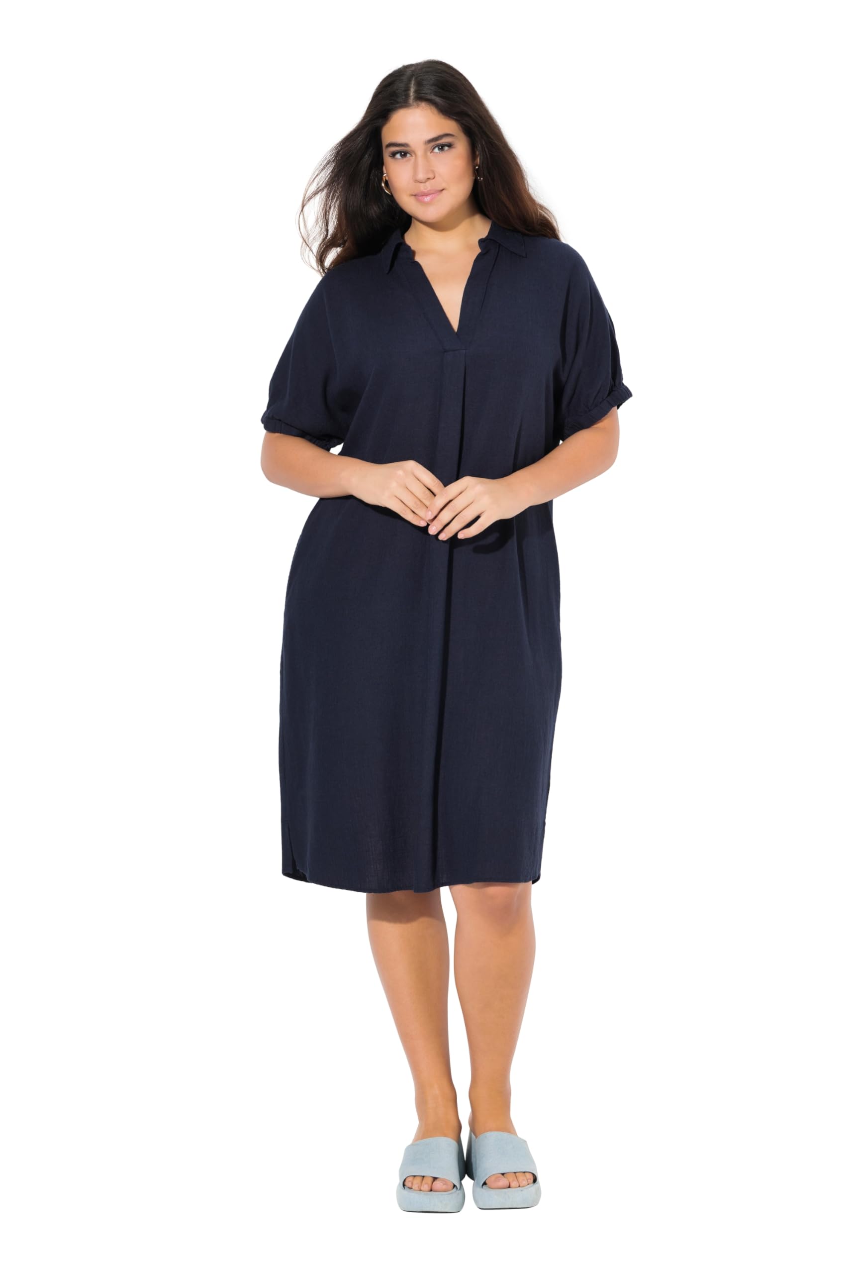 Ulla Popken Damen große Größen Übergrößen Plus Size Kleid, Leinenmix, Oversized, Hemdkragen, Halbarm 837413