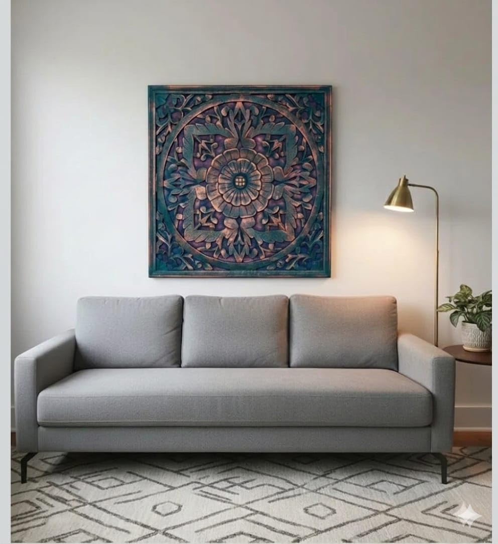 AAFIYAT Wooden Mandala Wall Panel for Living Room Elegant Blue and Gold Floral Carved Wall Art Decorative Rustic Vintage Home Decor Statement Hanging Artwork for Bedroom Hallway Office (ANTIQUE GREEN) (TURQUOISE)-image-19