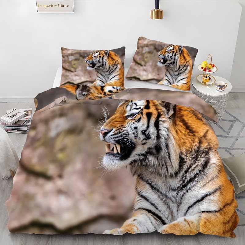Funda de edredón de tigre marrón oscuro, tamaño California King, ropa de cama con estampado de animales, funda de edredón de microfibra suave y 2