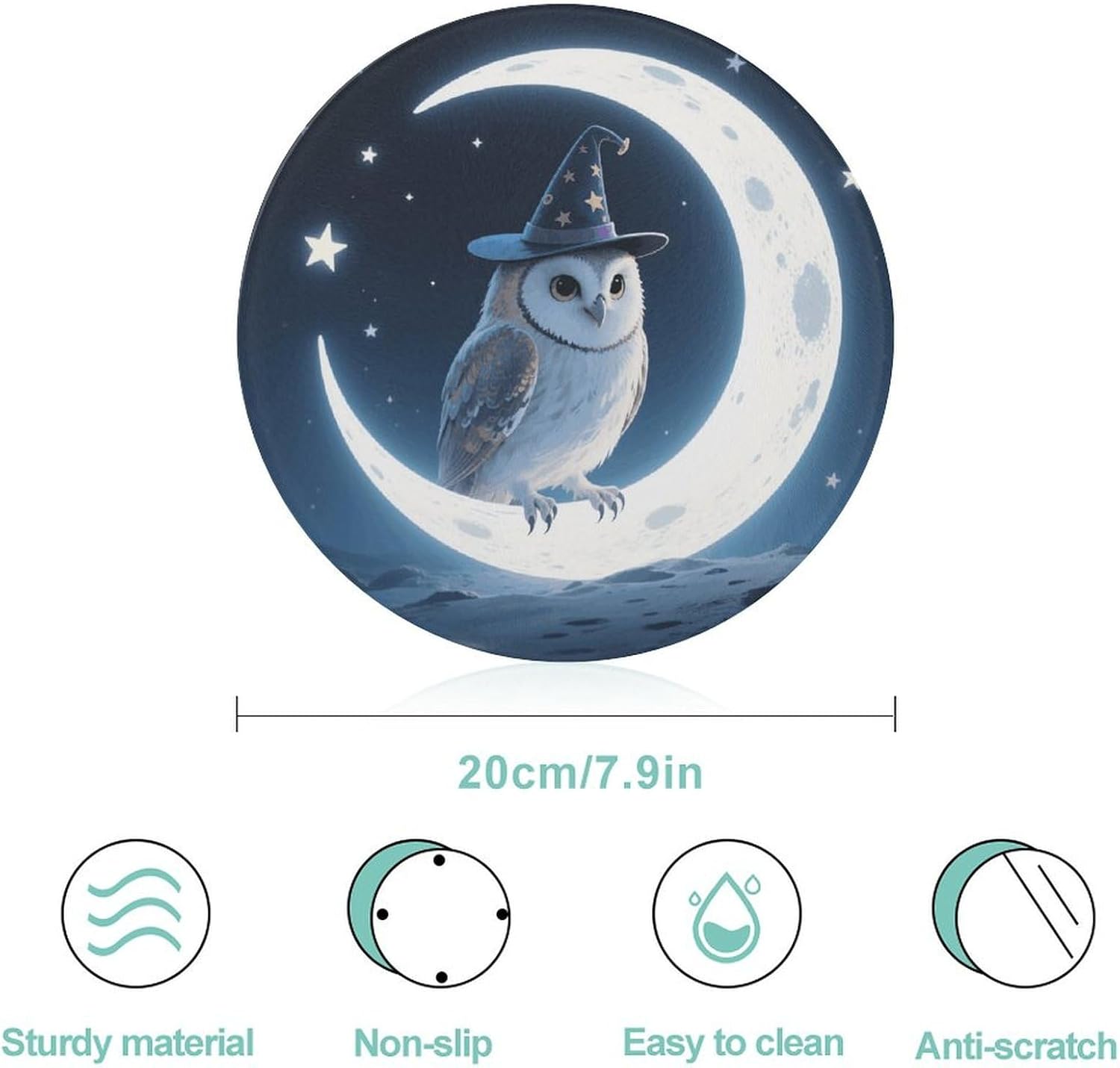 Magic Hat Owl Tempered Glass Cutting Board Sturdy Chopping Block Personalized Large Butcher Block Lightweight Round Chopping Mat for Kitchen Non Slip