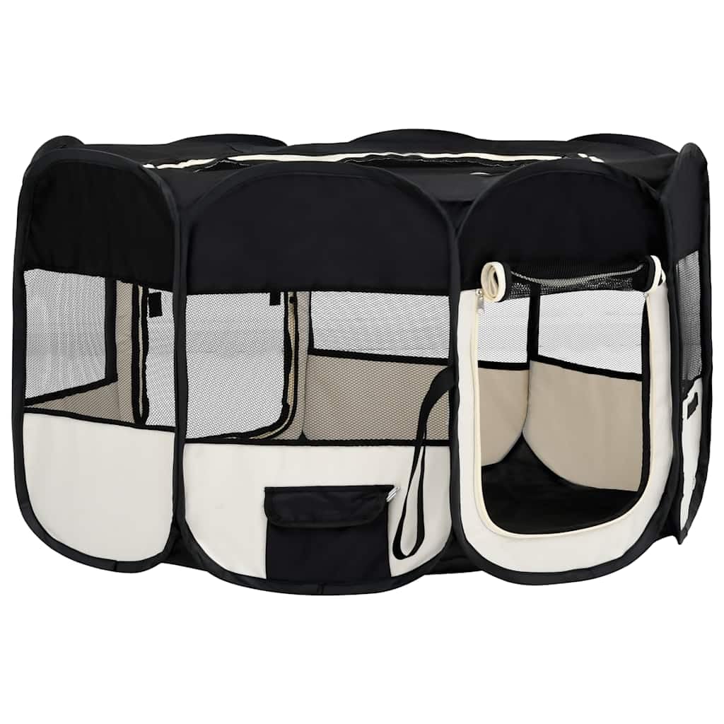 Faltbarer Welpenlaufstall mit Tragetasche - Welpenauslauf für Hunde und Kleintiere - Hundeauslaufgehege für Drinnen und Draußen, Schwarz und Creme, 145 x 145 x 61 cm
