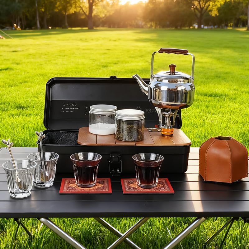 Portable Metal Tea Set Storage Box with Kettle, Cups, Stove, Carrying Case for Camping, Home Use