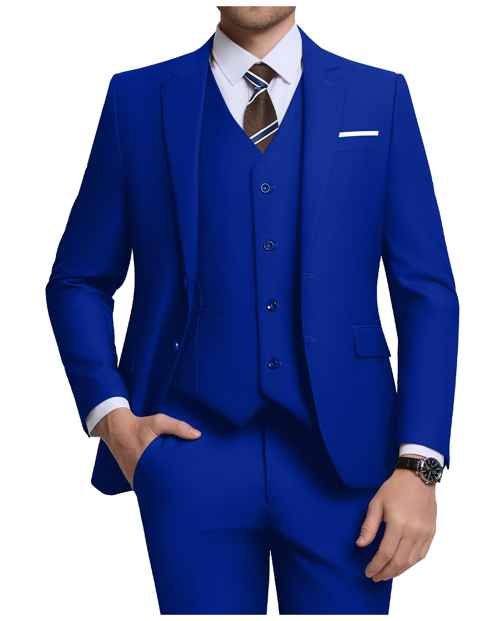 Men's 3 Piece Slim Fit Suit Set, Two Button Blazer Solid Jacket Vest Pants Wedding Business Suit