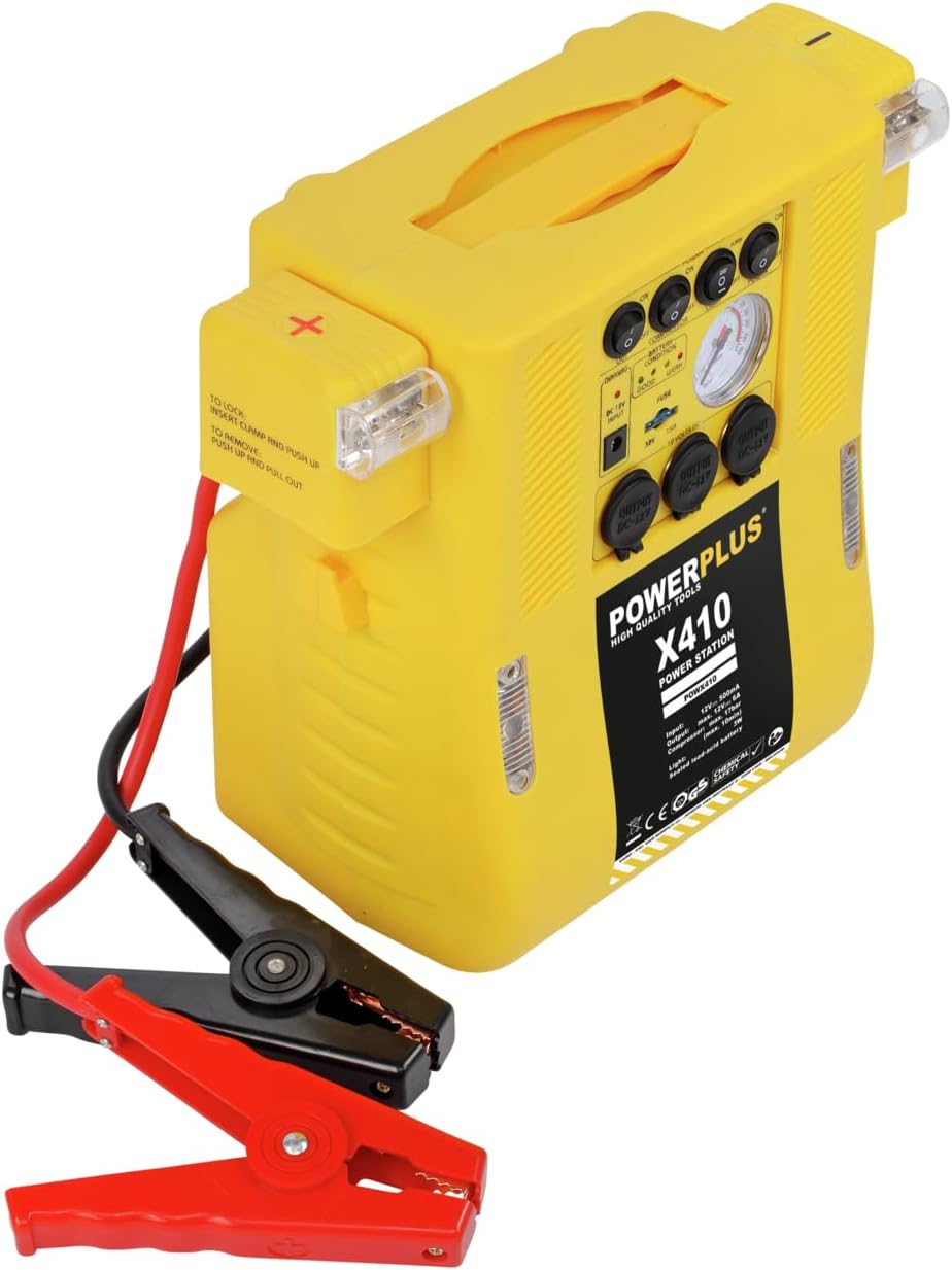 Powerplus POWX410 with dimensions overlay showing 15 inches and 37 cm height