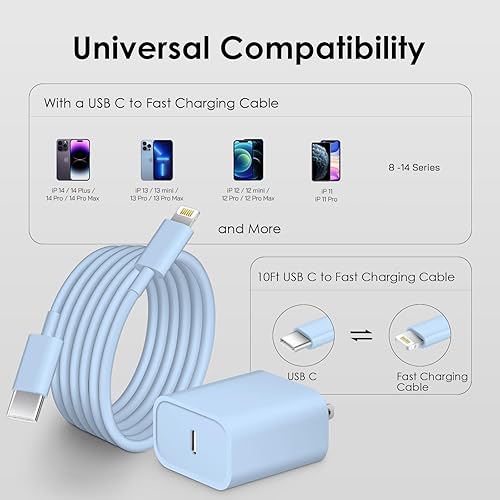 Miniatura 7 de Cargador rápido para teléfono 14 13 12 certificado MFi Cargador tipo C de 10 pies 2 paquetes de 20 W USB C bloque de carga con cable de carga rápida