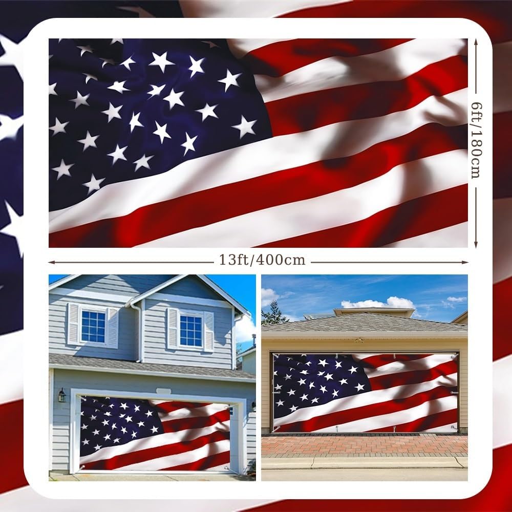 6x13ft American Flag Garage Door Banner Decorations Stars and Stripes US Flag Independence Day 4th of July Home Wall Background Veterans Memorial Day Labor Day Patriotic Party Decor Props
