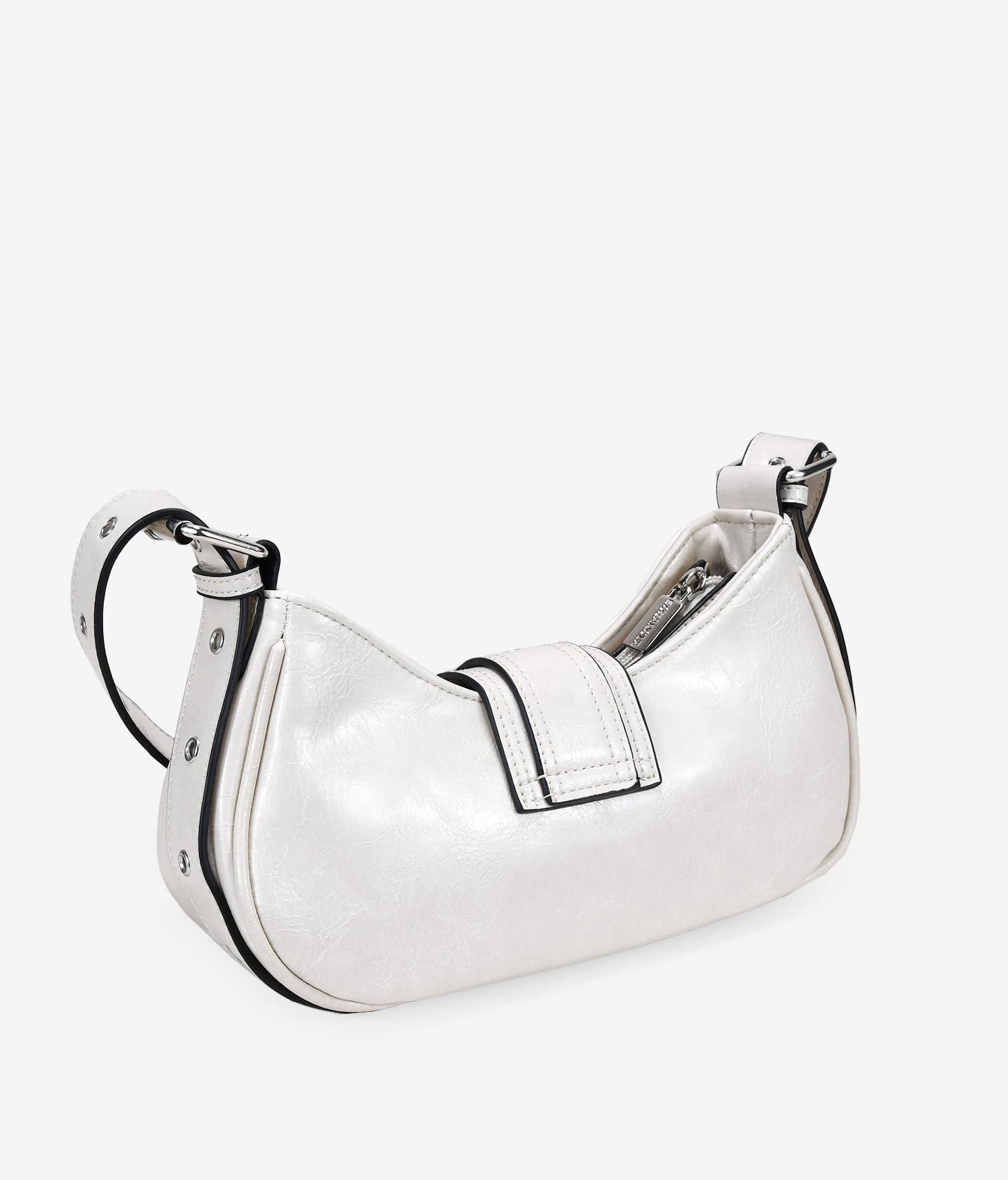 BOSANOVA Bolso de Hombro Color Blanco Efecto Charol con Detalle de Solapa con Hebilla y tachas metálicas. Asa de Hombro Regulable y Cierre con Cremallera. Blanco U