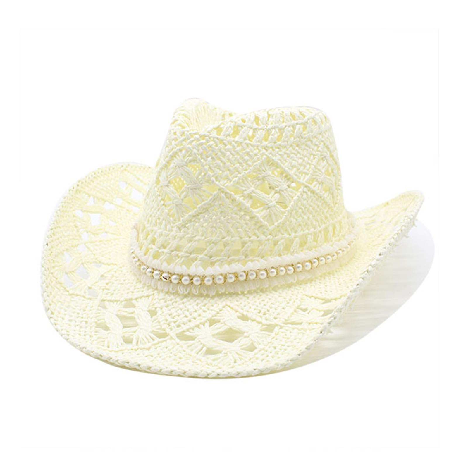 Hollow Out Cowboy Hat for Women Vacation Beach Sun Hat with Wide Brim Pearls Cowgirl Straw Hat Wedding Bachelorette Party Hat