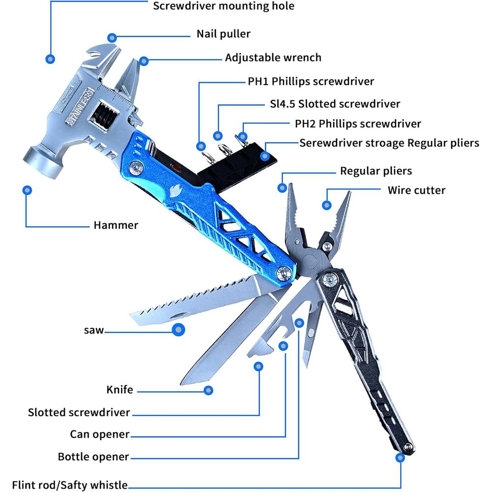 18 in 1 Multifunctional Wrench Hammer 60tools, Heavy Duty Stainless Steel Multitool Hammer with Adjustable Wrench & Pliers, Survival Kit and Camping Tools Gear,Practical Gift for Men Dad (Blue)