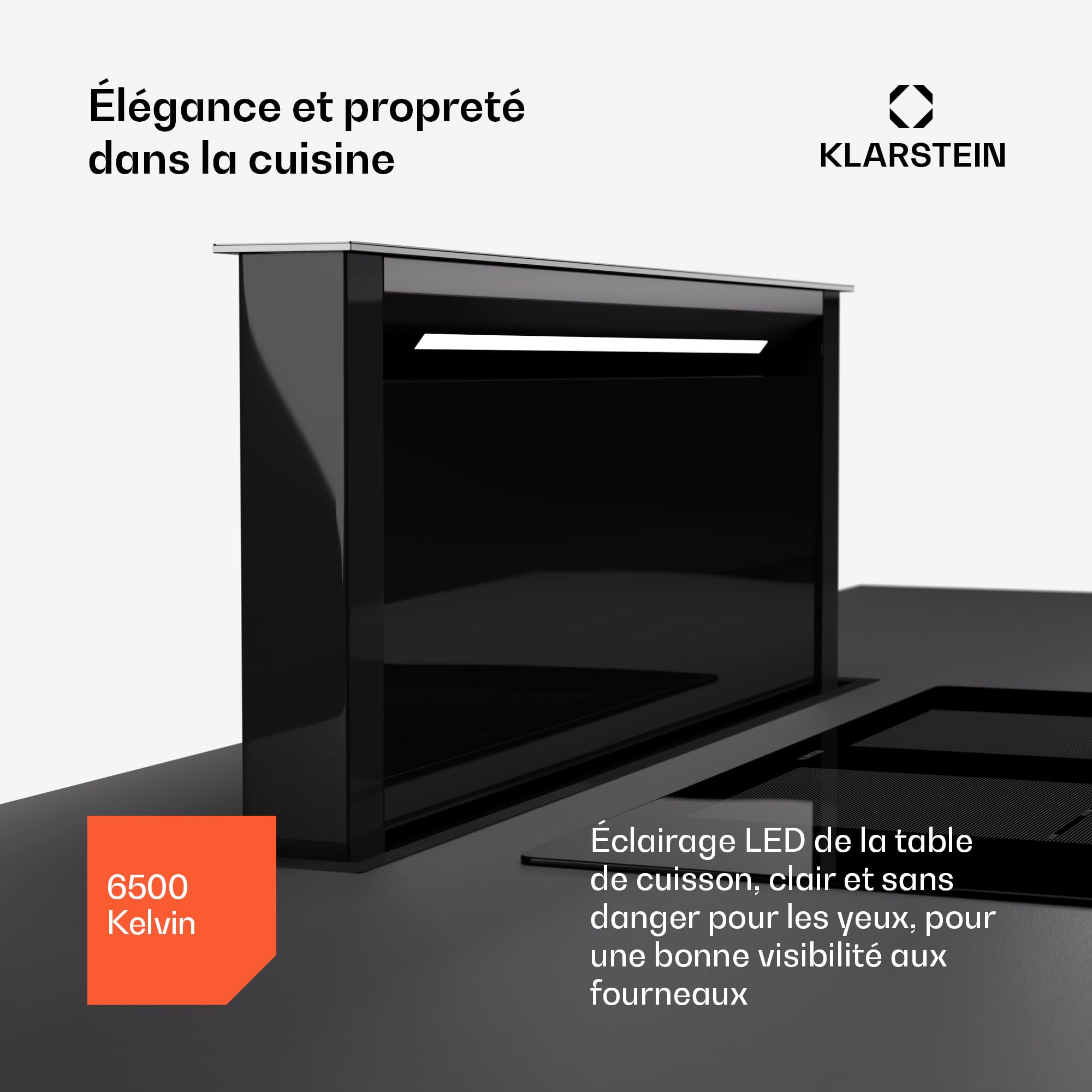 Klarstein Hotte Aspirante 75 cm, Hottes de Cuisine 2 en 1 à Aspiration Descendante, Débit d'Air de 576 m³/h, Modes de Ventilation, Eclairage LED, Tactile, Hotte Aspirante de Cuisine Silencieuse
