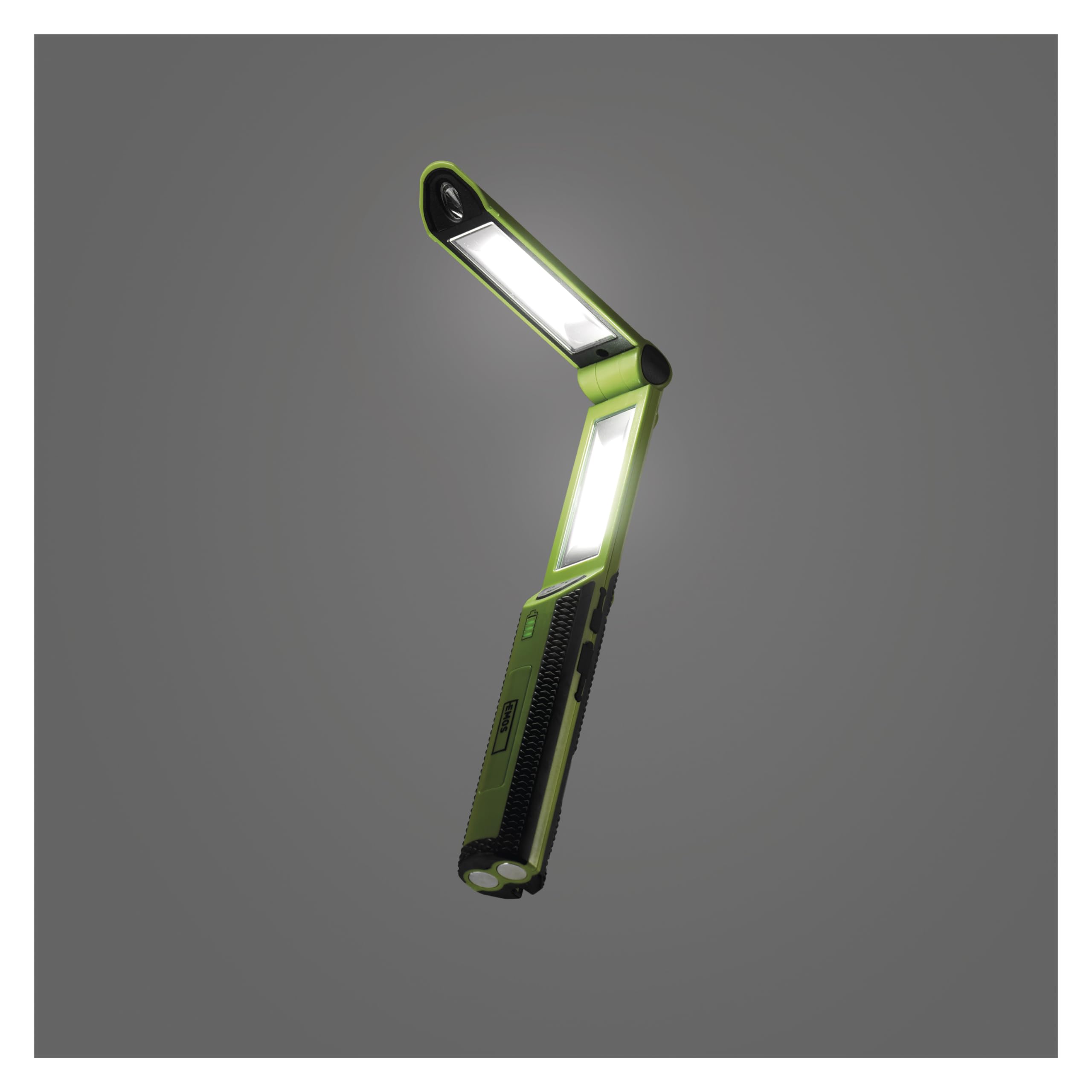 EMOS - aufladbare LED-Arbeitsleuchte ausklappbar mit Powerbank - 670lm, max. 40 m - 3 Leuchtmodi - 10 Stunden - USB-Kabel - für Hobbybastler und Außenbereich - grün-schwarz